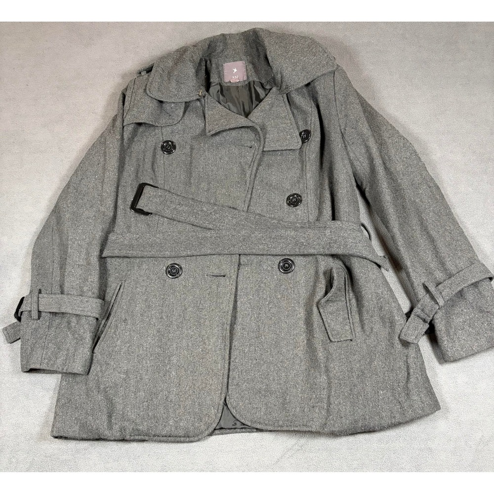 XXI Pea Coat Womens Large Gray Wool Blend Double Breasted Belted Trench